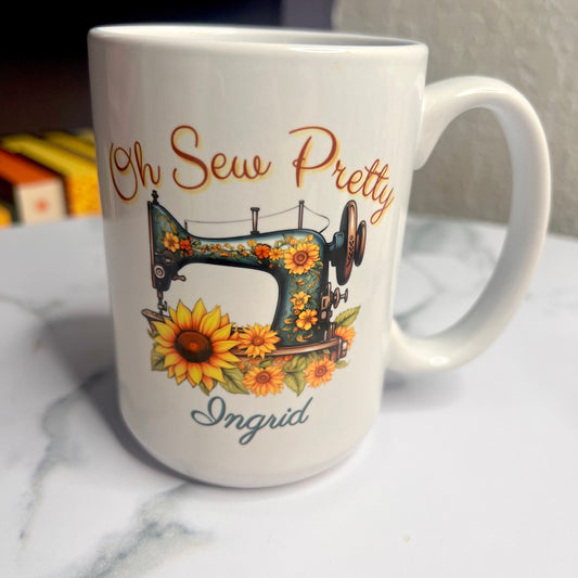 Oh Sew Pretty custom coffee mug, quilting personalize cup, sewing coffee glass, sunflower quilting glass