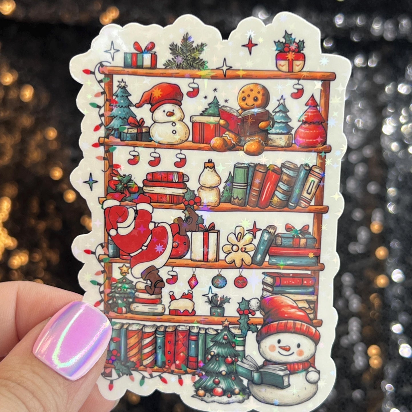 Christmas Bookshelf Santa Snowmen Holographic Sticker, Xmas Bookish Kindle Sticker Reader Decal Book Lover Christmas Gift Book Club