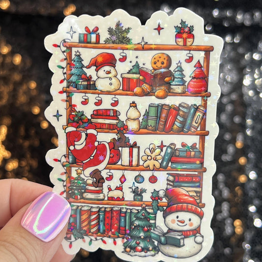 Christmas Bookshelf Santa Snowmen Holographic Sticker, Xmas Bookish Kindle Sticker Reader Decal Book Lover Christmas Gift Book Club
