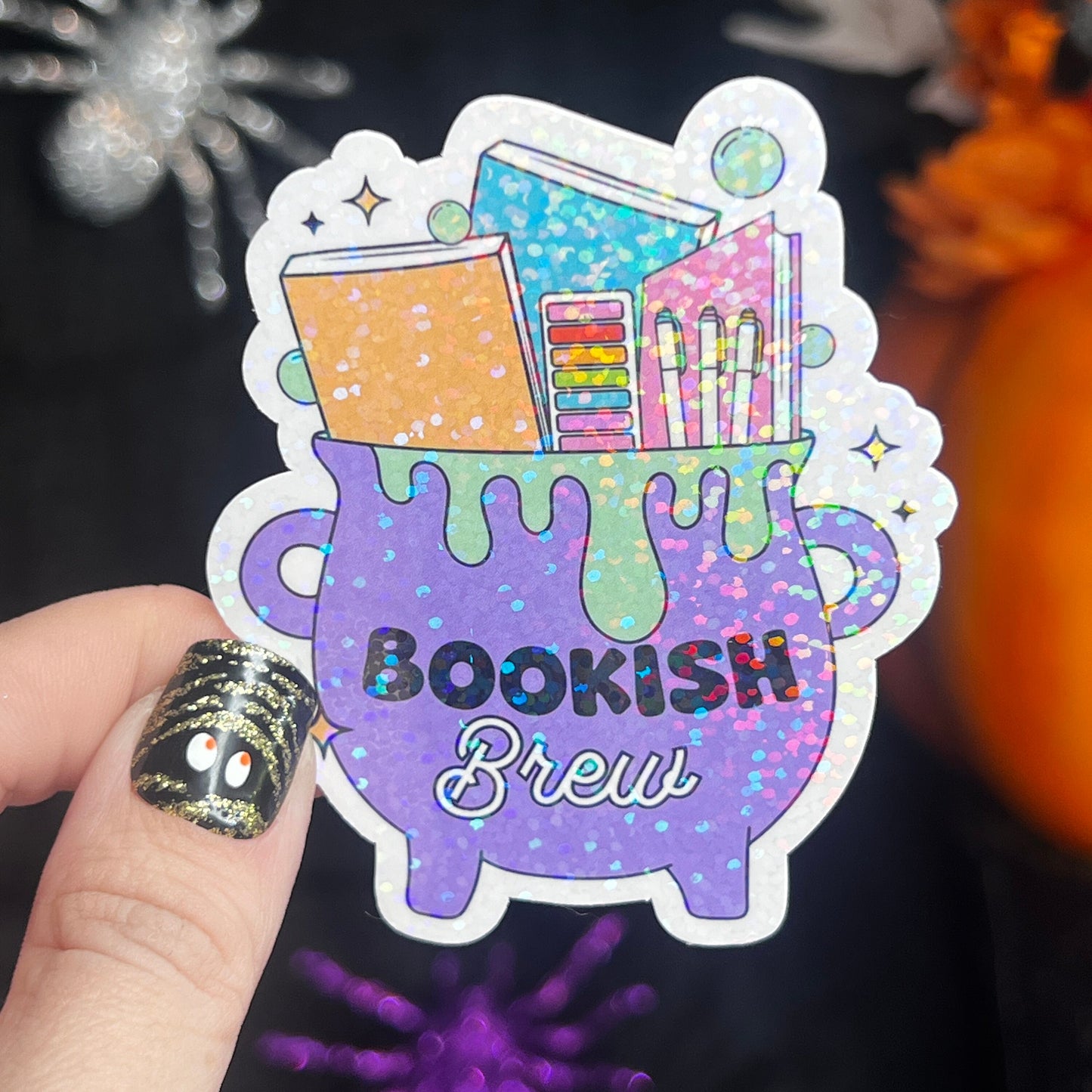 Purple Bookish Cauldron Halloween Bookshelf Holographic Sticker Halloween Kindle Decal Spooky Fall Reader Gift Bookish Decal