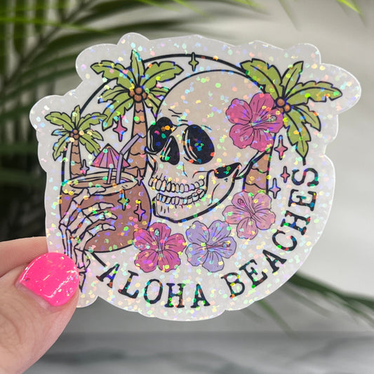 Aloha Beaches Skeleton Summer Holographic Sparkly Sticker Beach Life Decal Boating Sticker Summer Vacation Ocean Life Sticker