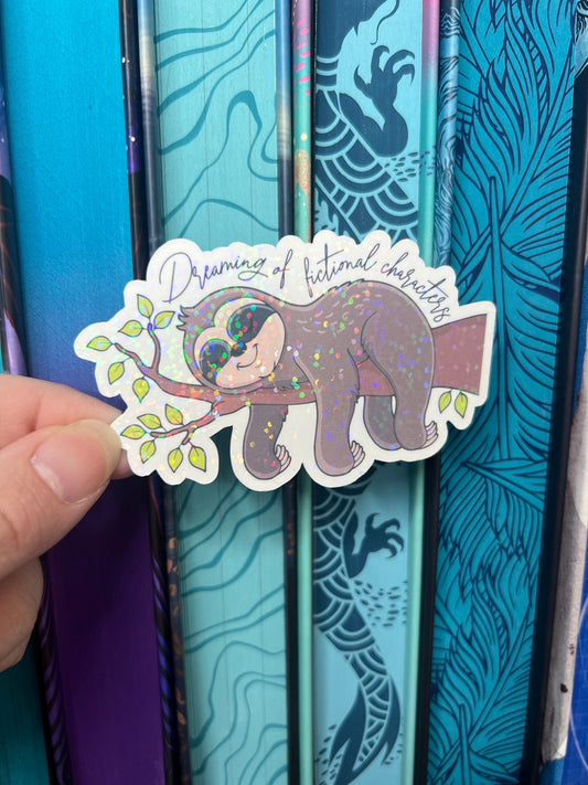 Dreaming of Fictional Characters Holographic Sticker sloth romance book lover decal reader kindle Waterbottle bookish book boyfriend booktok
