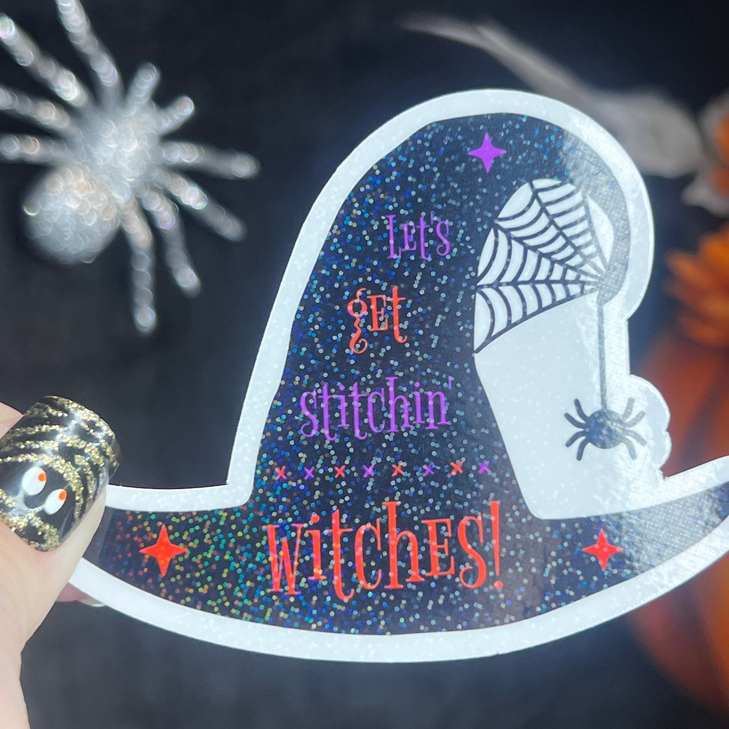 Let's Get Stitchin Witches holographic sticker thimble quilting sticker quilter Halloween decal sewing machine sticker cross stitch sticker