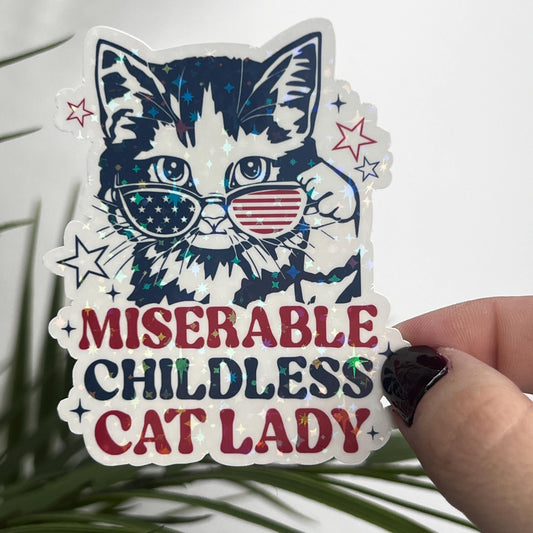 Miserable Childless Cat Lady Holographic Sticker Kamala Walz Decal Anti Trump JD Vance Pro Choice Feminist Sticker Liberal Democrat Decal