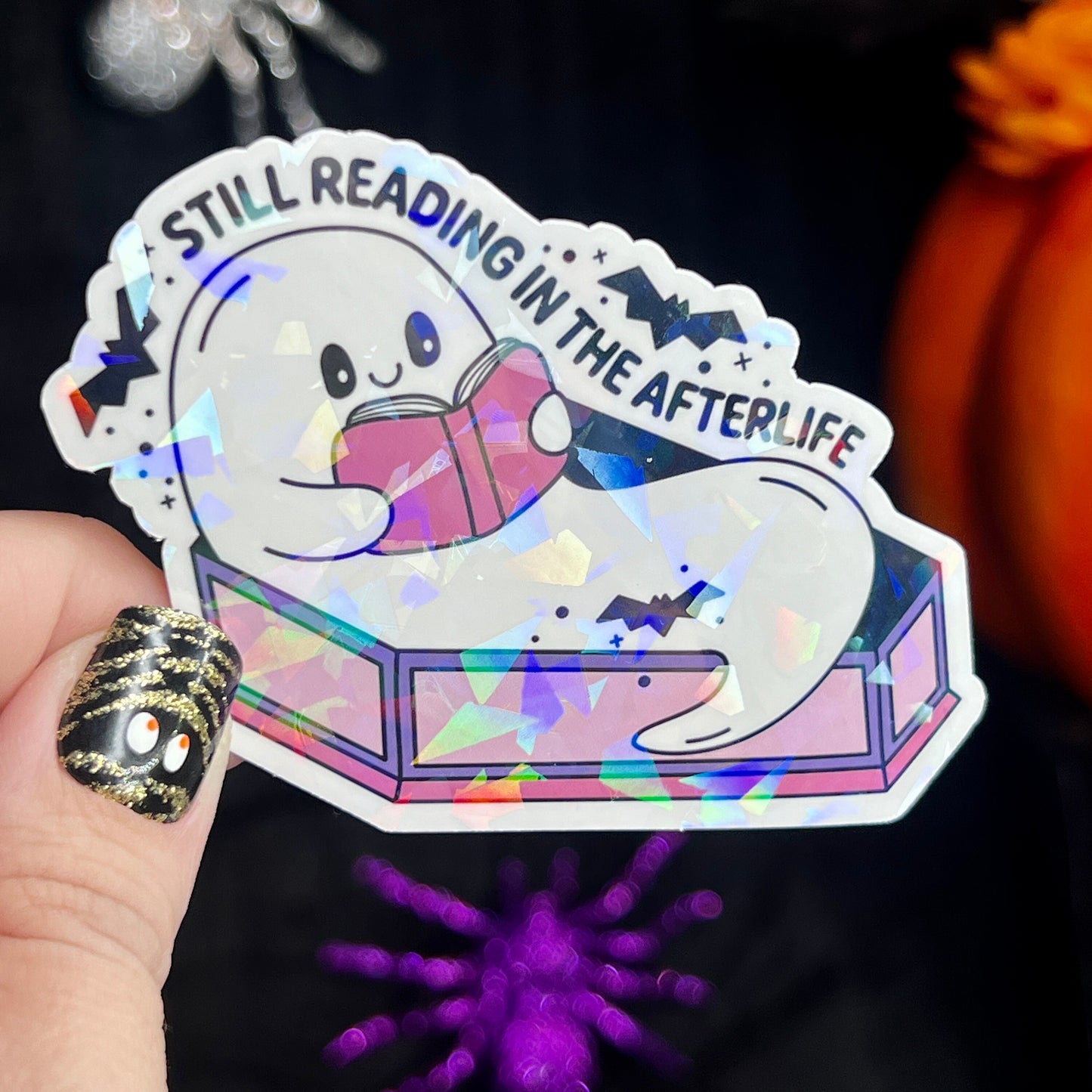 Still Reading In the Afterlife Ghost Coffin Holographic Sticker Halloween Kindle Decal Spooky Season Reader Gift Book Club