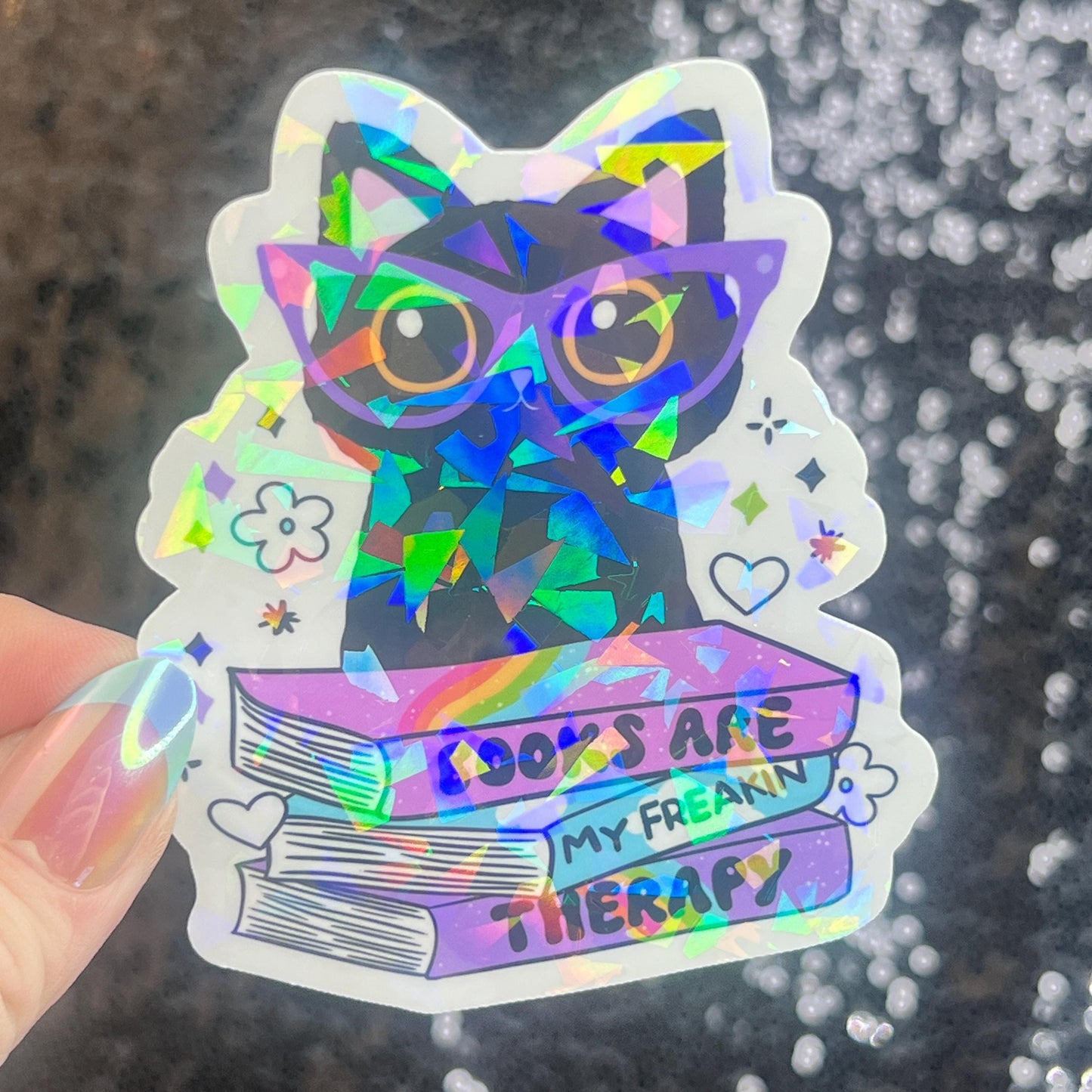 Books are My Therapy Holographic Sticker Book Lover Sparkly Decal, Spicy Bookclub, kindle waterbottle laptop Reader Librarian Gift
