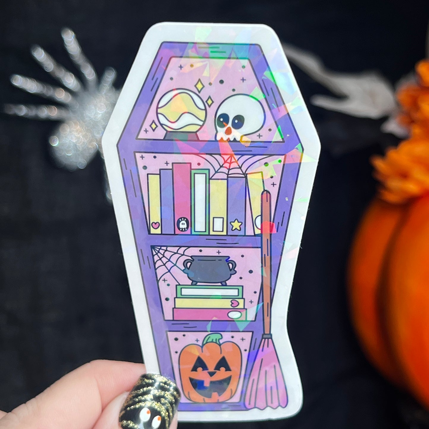 Purple Coffin Halloween Bookshelf Holographic Sticker Halloween Kindle Decal Spooky Fall Reader Gift Bookish Decal