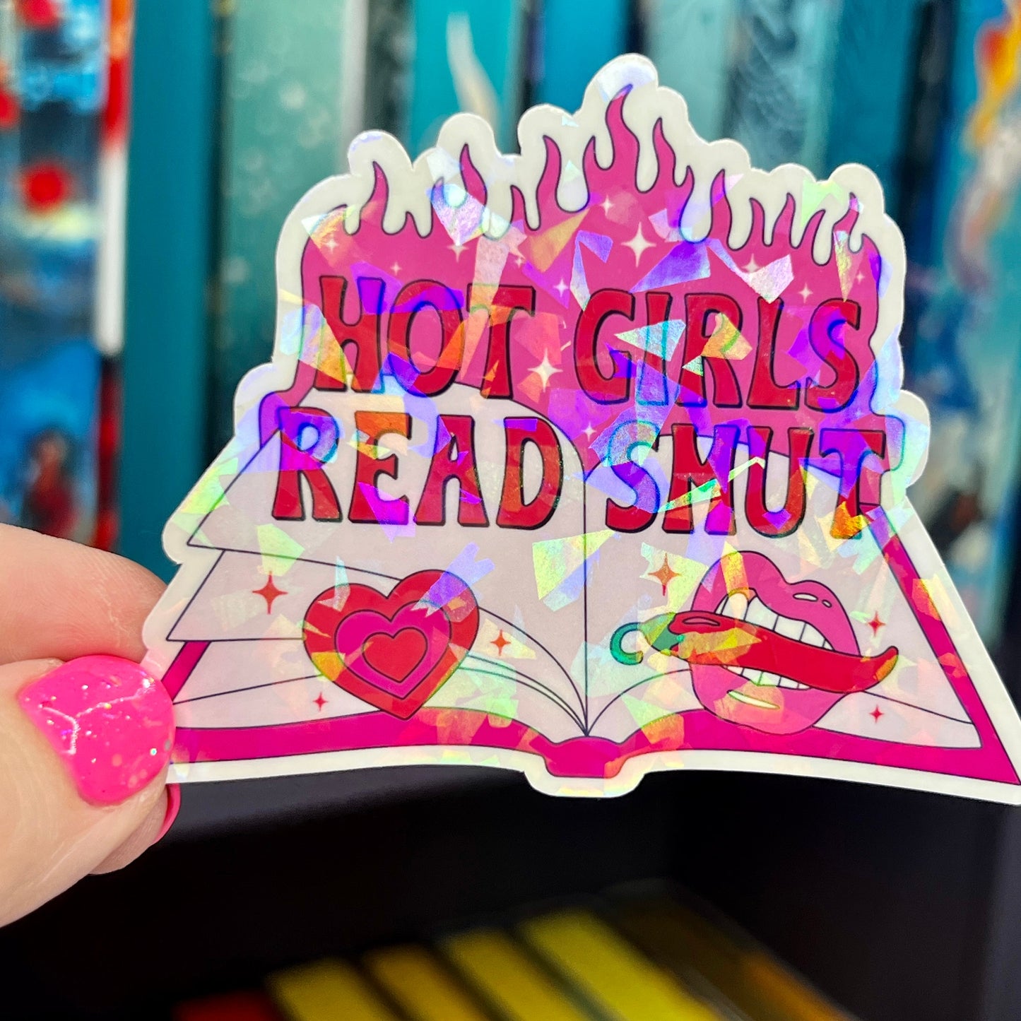 Hot Girls Read Smut Hot Pink Sticker Holographic Book Lover Sparkly Decal, Spicy Dark Romance Bookish, kindle waterbottle