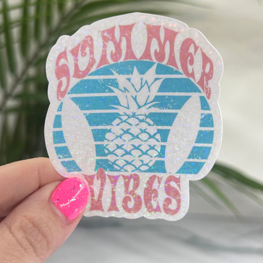Summer Vibes Blue Pink Surfing Retro Holographic Sparkly Sticker Beach Life Decal Boating Sticker Summer Vacation Ocean Life Sticker