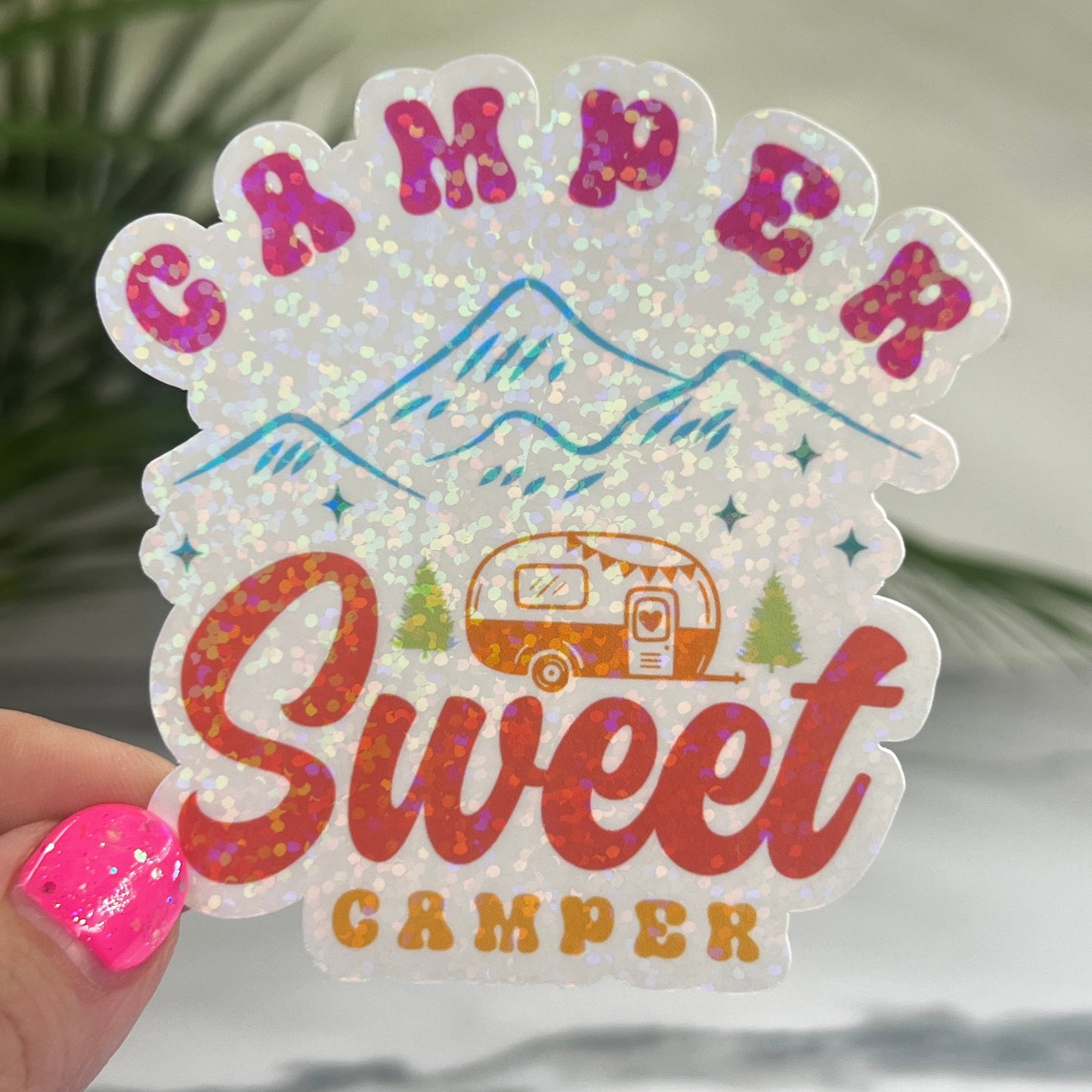 Discontinuing Camper Sweet Camper Camping Holographic Sparkly Sticker Adventure RV Outdoor Decal Nature Sticker Travel Hiking Backpacking