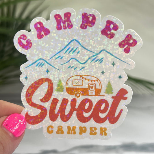 Discontinuing Camper Sweet Camper Camping Holographic Sparkly Sticker Adventure RV Outdoor Decal Nature Sticker Travel Hiking Backpacking