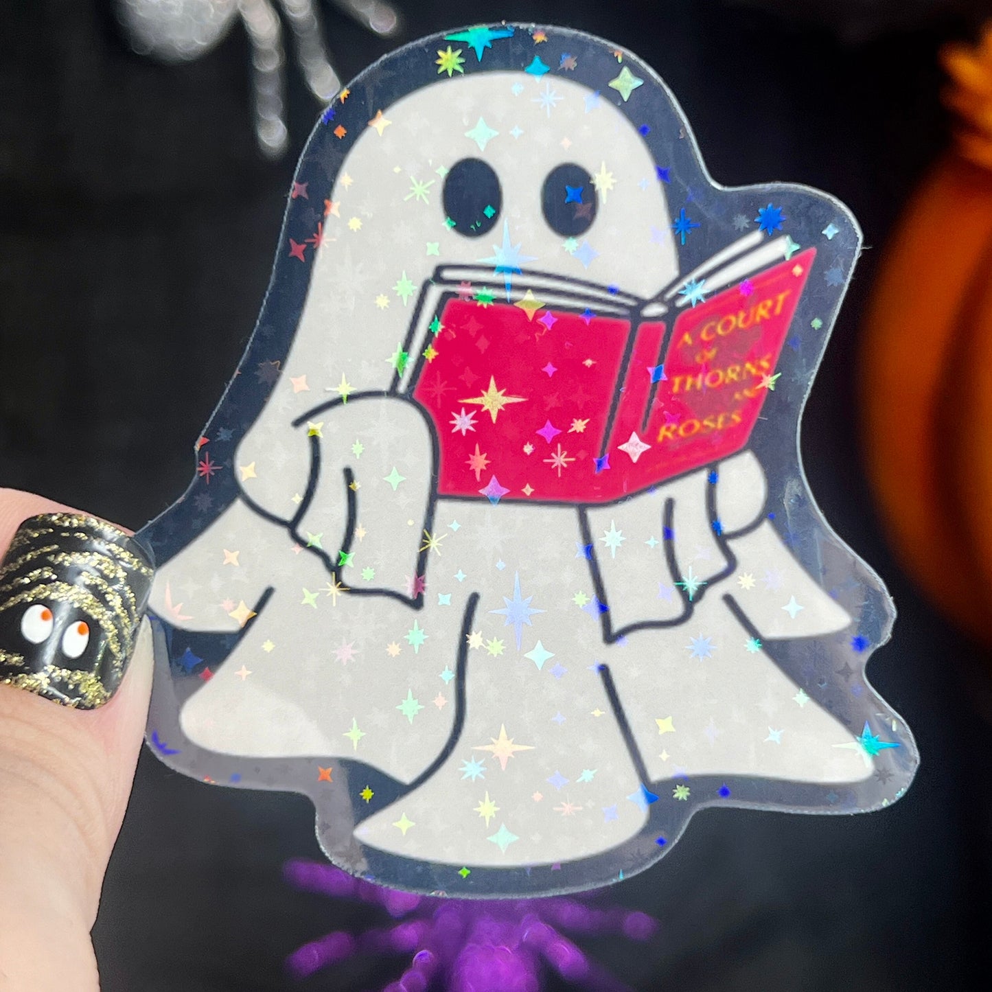 Halloween ACOTAR Ghost Reading Holographic Sticker Sparkly Sticker ACOTAR Decal Kindle Sticker Spicybook Sticker SJM Stickers