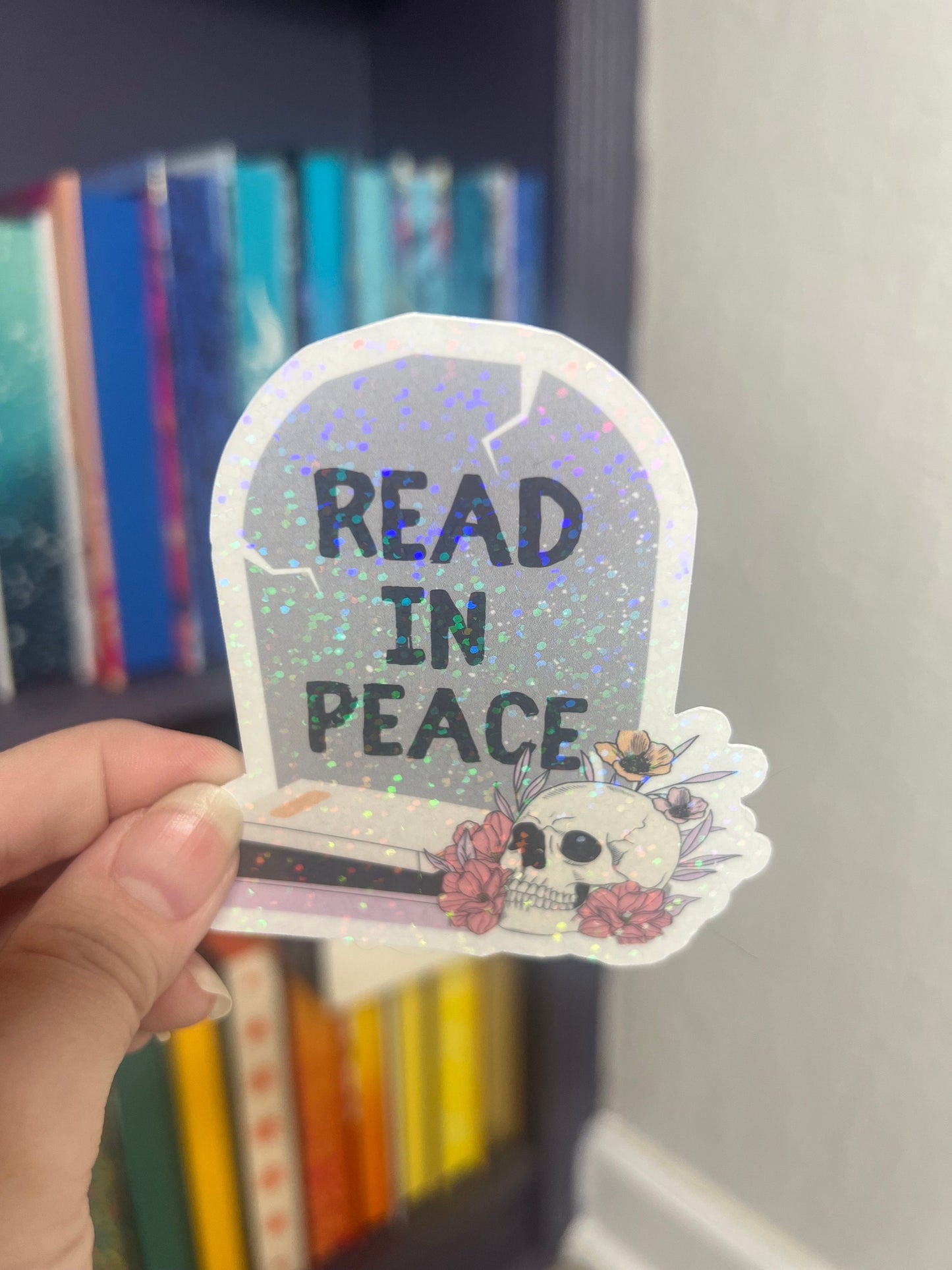Read In Peace Holographic Sticker, Halloween Booktok Decal, Kindle Decor, Reader Waterbottle sticker, sparkly book tbr decal, Bookish
