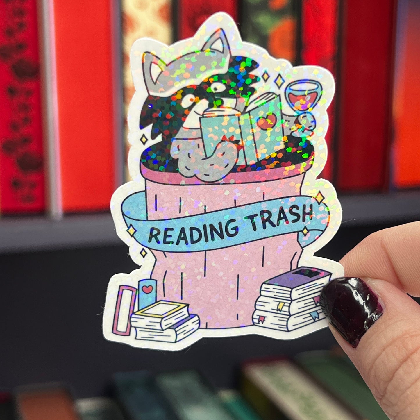 Reading Trash Raccoon Holographic Sticker, Spicy Dark Romance, Booktok, kindle waterbottle laptop stickers Smut decal Funny Reader Bookish c