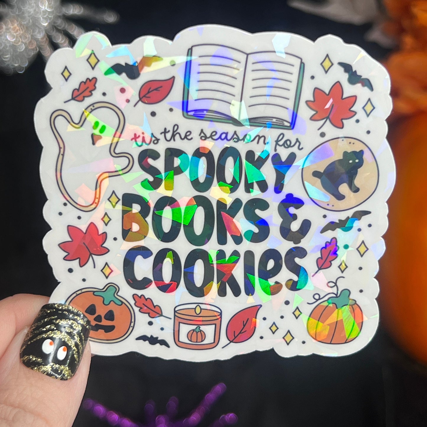 Tis the Season of Spooky Books & Cookies Halloween Holographic Sticker Halloween Kindle Decal Spooky Fall Reader Gift Bookish Decal