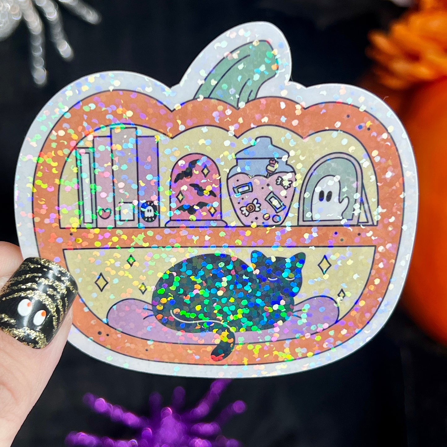 Pumpkin Jack O'Lantern Bookshelf Black Cat Holographic Sticker Halloween Kindle Decal Spooky Fall Reader Gift Bookish Decal