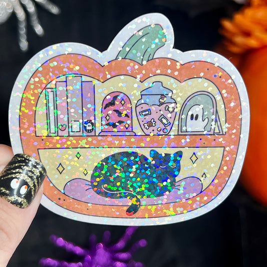 Pumpkin Jack O'Lantern Bookshelf Black Cat Holographic Sticker Halloween Kindle Decal Spooky Fall Reader Gift Bookish Decal