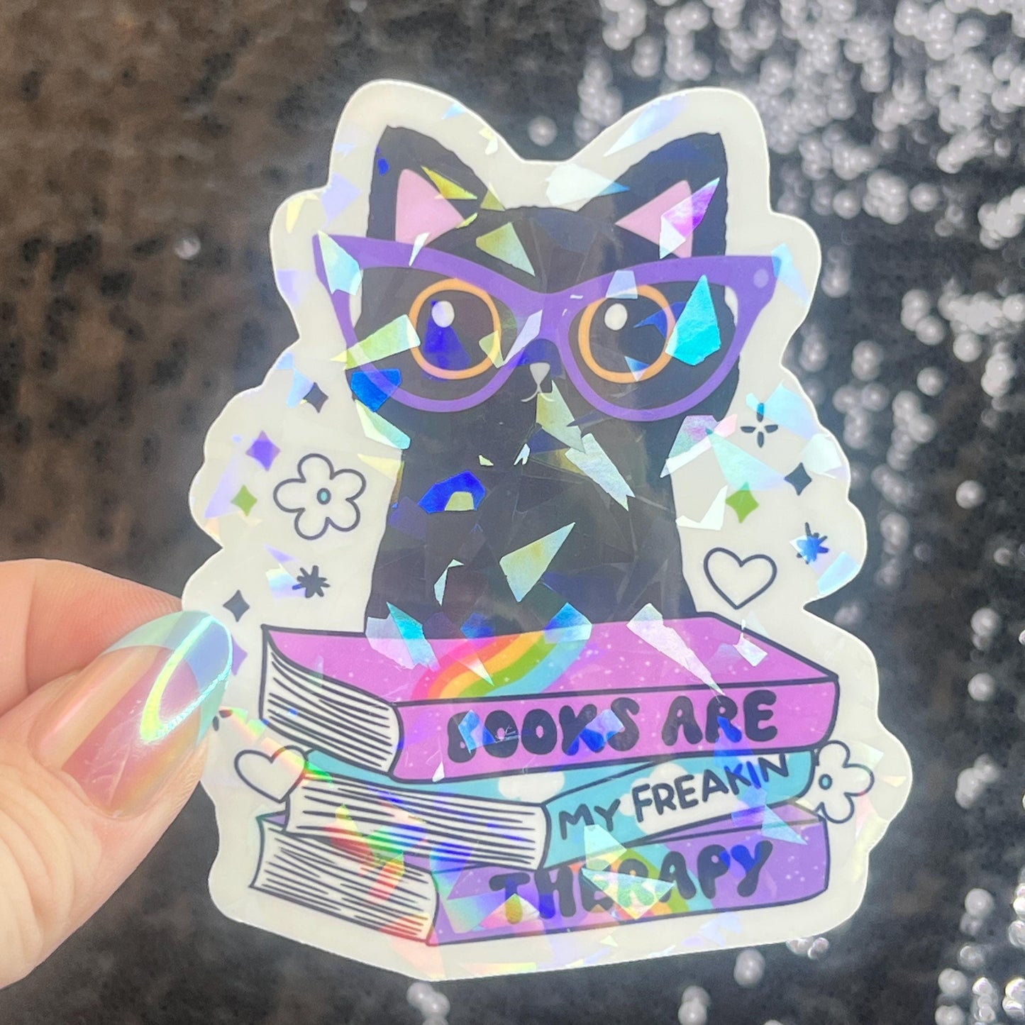 Books are My Therapy Holographic Sticker Book Lover Sparkly Decal, Spicy Bookclub, kindle waterbottle laptop Reader Librarian Gift