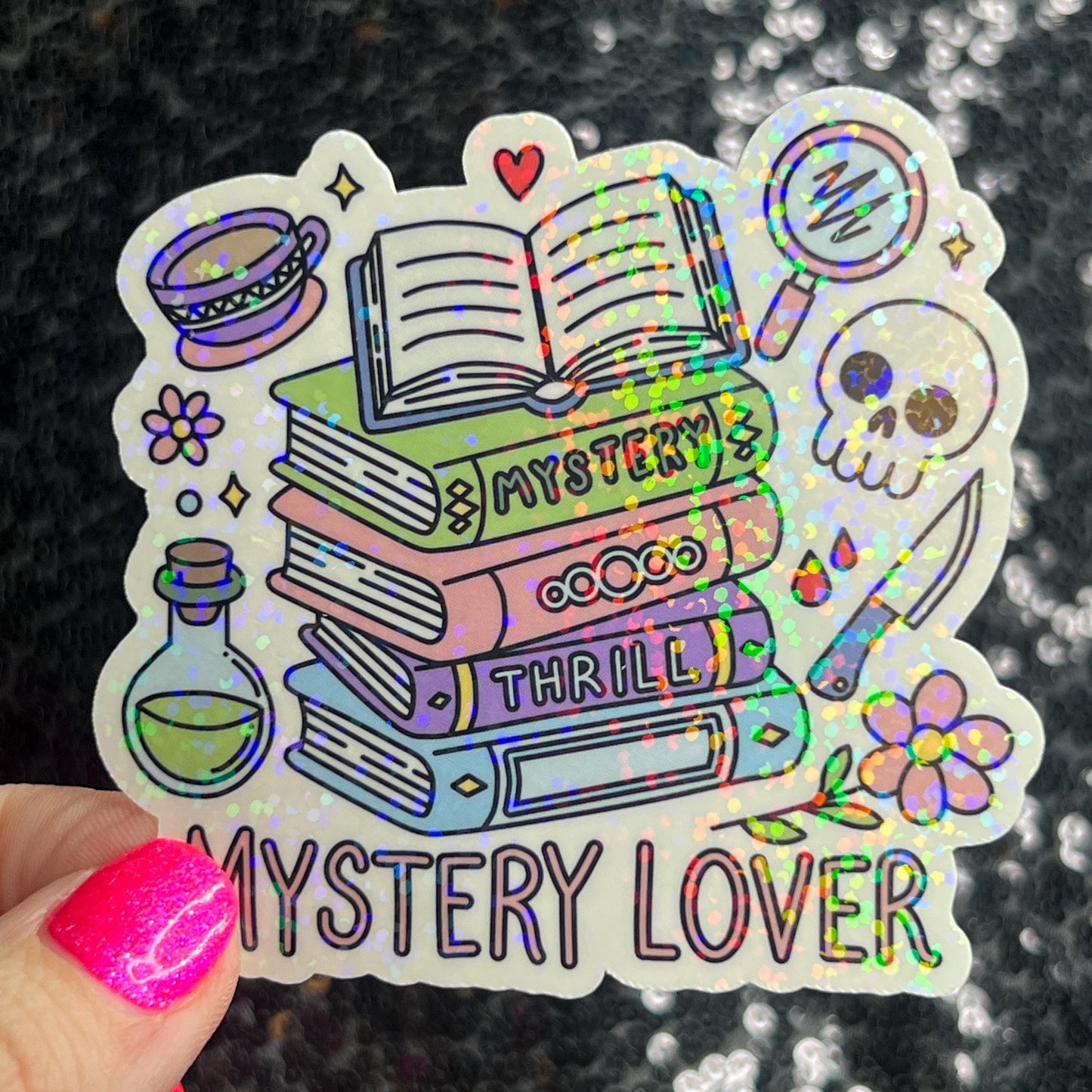 Mystery Lover Holographic Sticker Decal, Cozy Mystery Reads Bookish kindle waterbottle laptop Reader Bookish Present Gift