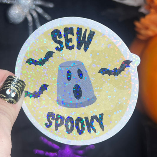 Sew Spooky holographic sticker thimble quilting sticker quilter Halloween decal sewing machine sticker sparkly cross stitch sticker