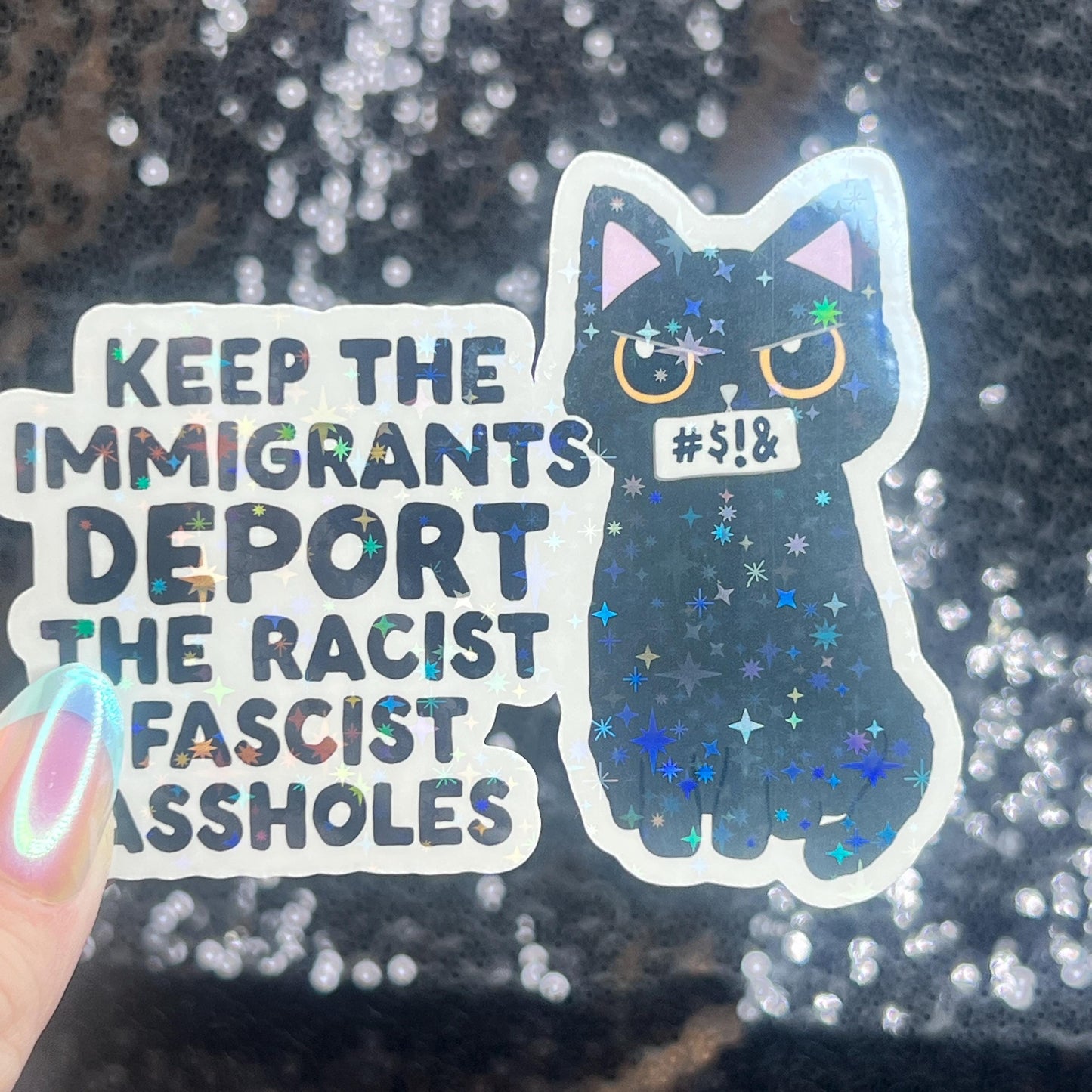 Keep The Immigrants Deport the Racist Facist Aholes Sparkly Cat Holographic Sticker F Trump Decal Democrat Liberal Feminist Sticker