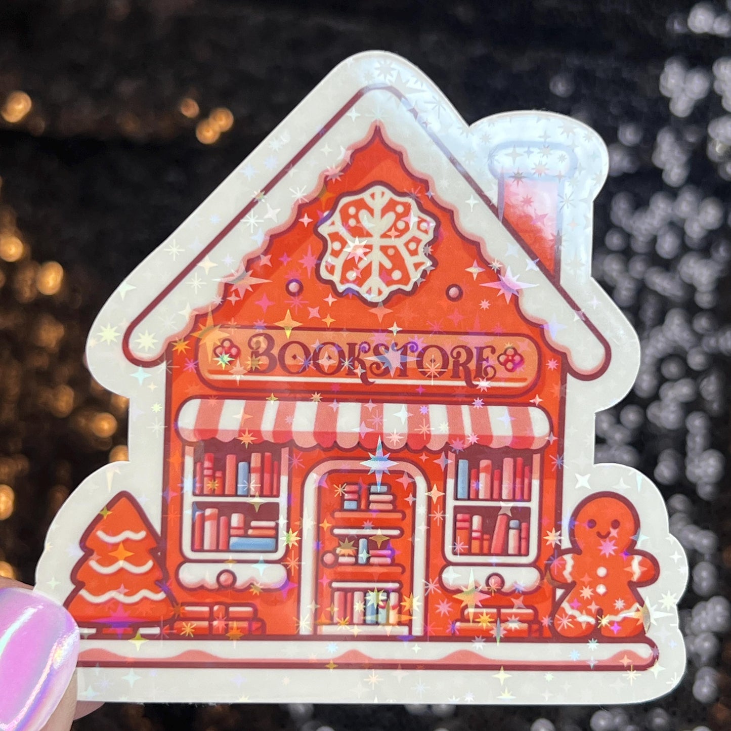 Gingerbread Bookshop Christmas Holographic Sticker Xmas Bookish Kindle Reader Decal Book Lover Christmas Gift Stocking Stuffer