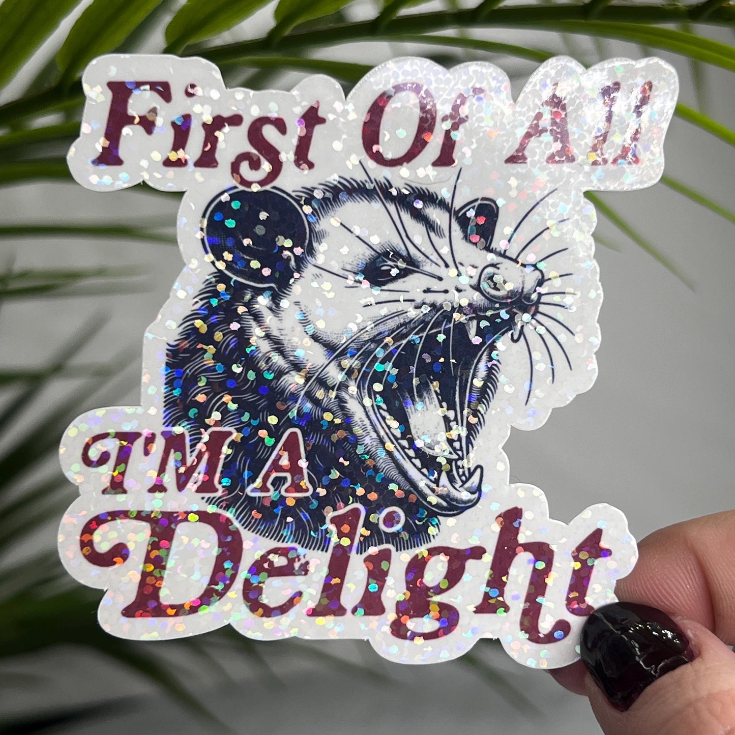 First of All I’m a Delight Possum Silly Holographic Sticker Mental Health Sticker Sparkly Spread Positivity Good Vibes Decal Inspirational