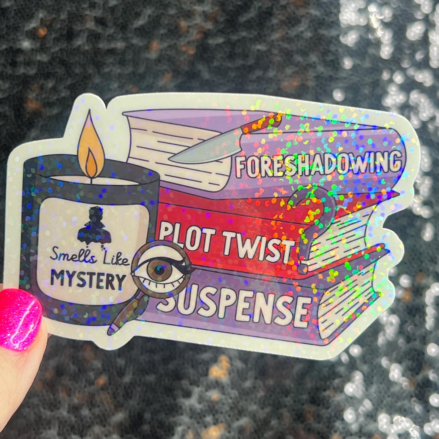 Smells Like a Mystery Holographic Sticker Decal, Cozy Mystery Reads Bookish kindle waterbottle laptop Reader Bookish Present Gift