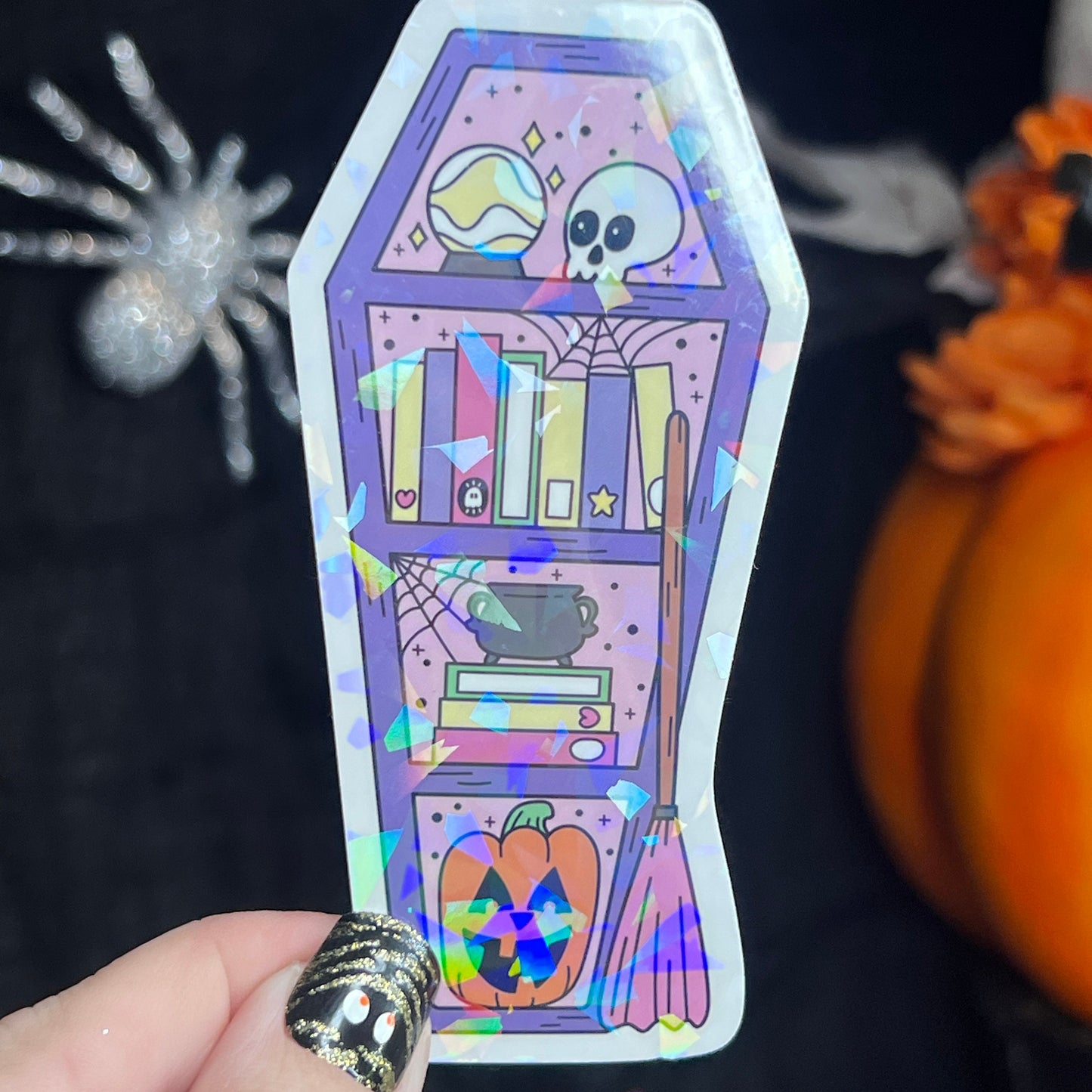 Purple Coffin Halloween Bookshelf Holographic Sticker Halloween Kindle Decal Spooky Fall Reader Gift Bookish Decal