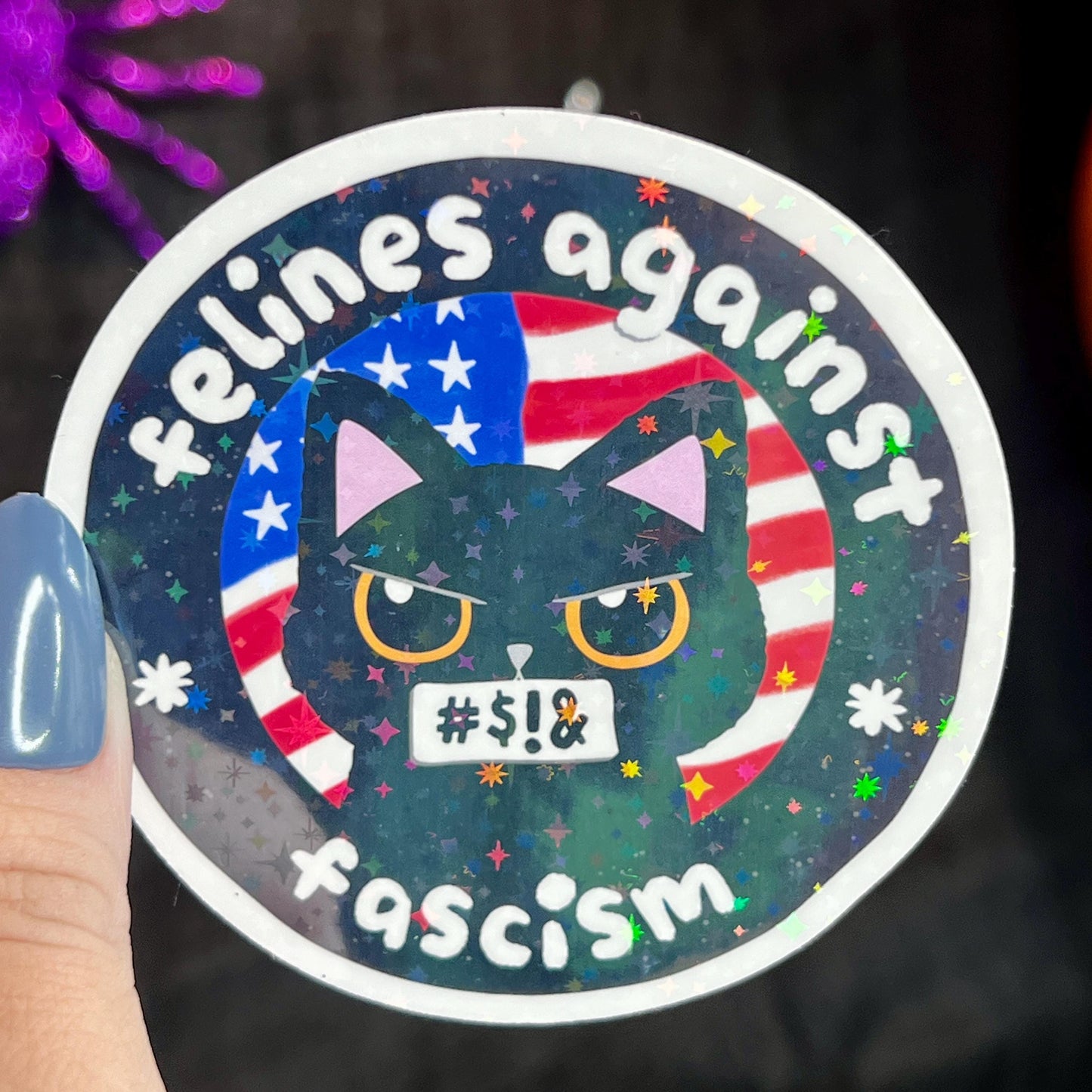 Felines Against Fascism Political Sticker Holographic Kamala Decal Pro Choice Feminist Liberal Democrat Anti Trump JD Vance