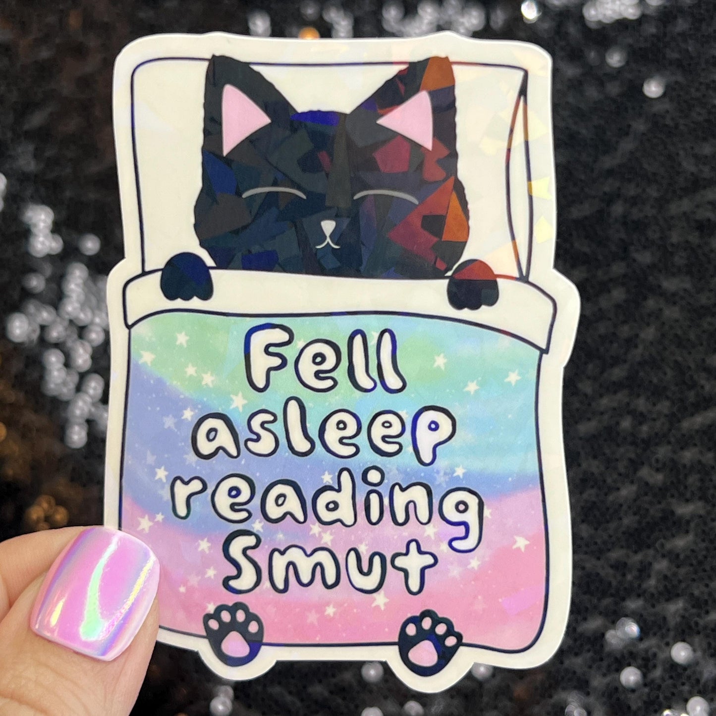 Fell Asleep Reading Smut Sparkly Sticker Holographic Book Book Lover, Spicy Dark Romance, Booktok, kindle waterbottle laptop Romance Decal