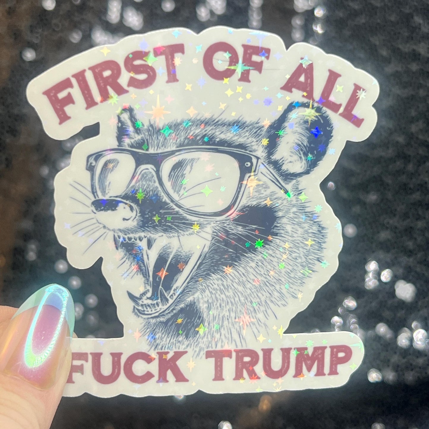 First of All F Trump Possum Sparkly Holographic Sticker F Trump Decal Democrat Liberal Feminist Sticker Human Rights Oligarchy Sticker
