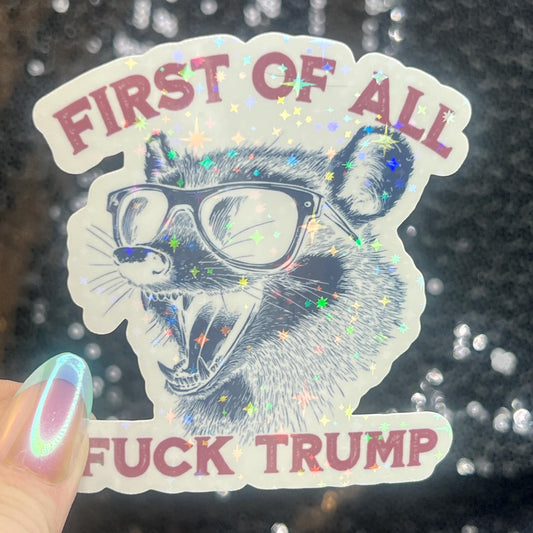 First of All F Trump Possum Sparkly Holographic Sticker F Trump Decal Democrat Liberal Feminist Sticker Human Rights Oligarchy Sticker