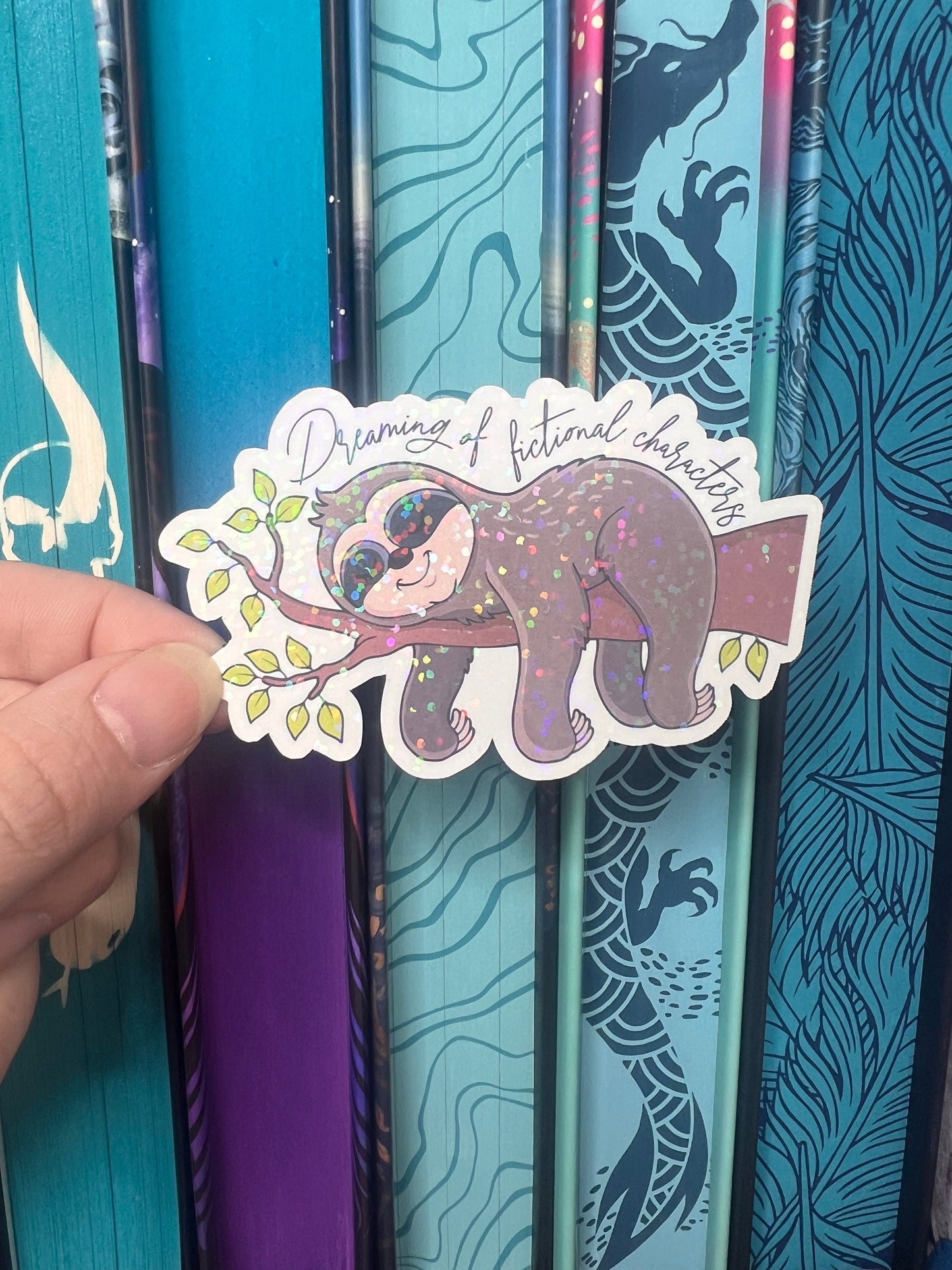 Dreaming of Fictional Characters Holographic Sticker sloth romance book lover decal reader kindle Waterbottle bookish book boyfriend booktok