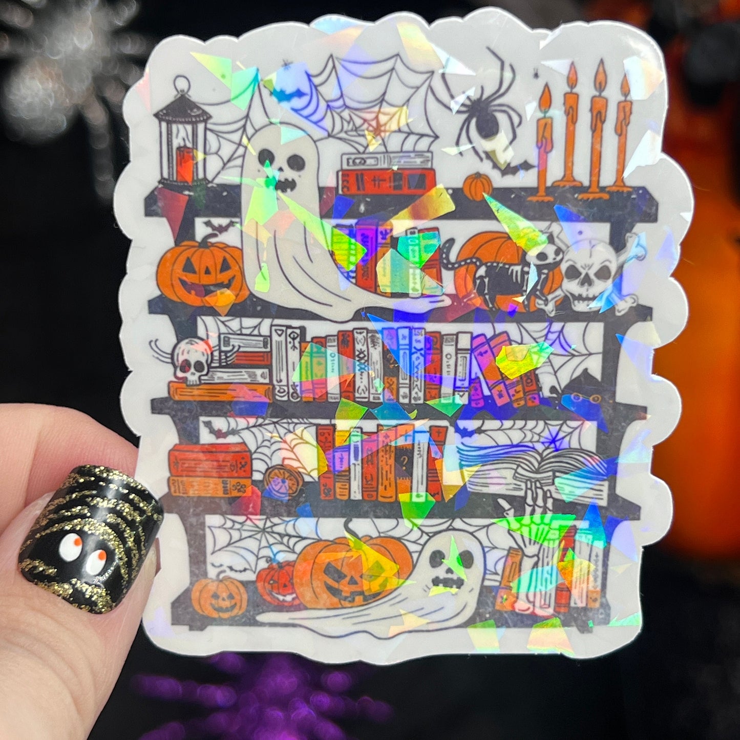 Spooky Ghost Halloween Bookshelf Holographic Sticker Halloween Kindle Decal Spooky Fall Reader Gift Bookish Decal