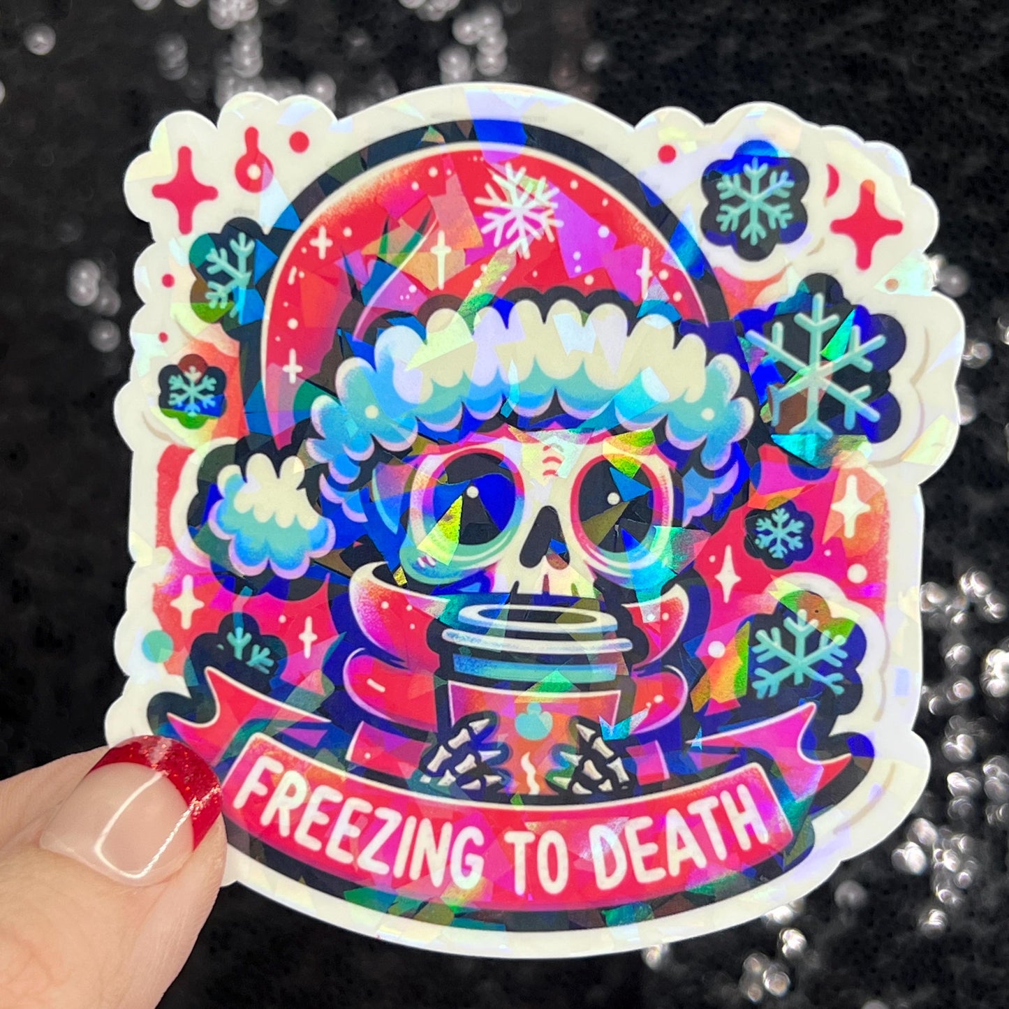 Freezing to Death Halloween Christmas  Sticker – Funny Holographic Holiday Sticker, 3-Inch Party Decal | Xmas Gift & Stocking Stuffer