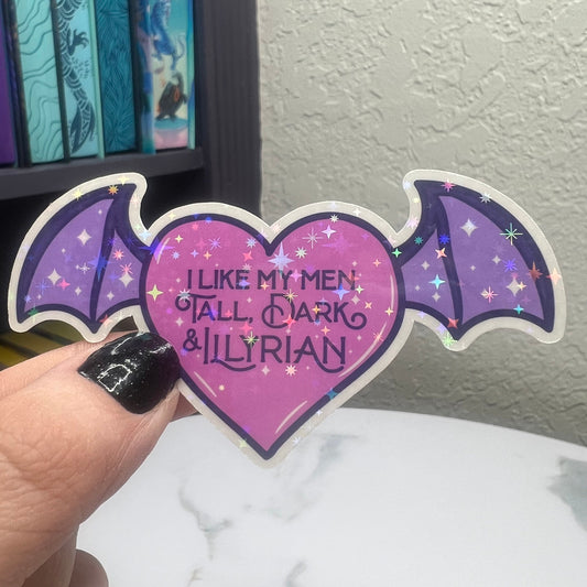 ACOTAR Inspired Sticker - 'I Like My Men Tall, Dark & Illyrian' in Pink Heart with Purple Wings, Holographic Fantasy Decal Kindle Sticker