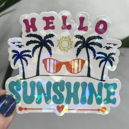 Hello Sunshine Summer Holographic Sparkly Sticker Beach Life Decal Boating Sticker Summer Vacation Ocean Life Sticker Family Cruise