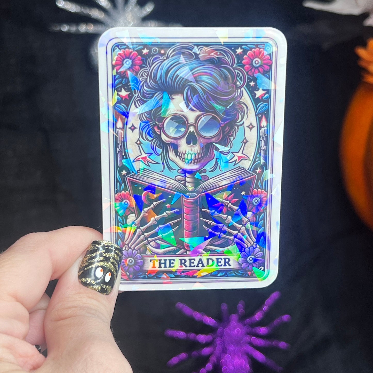 The Reader Tarot Card Sticker Holographic Book Lover Sparkly Decal, Spicy Dark Romance, kindle waterbottle laptop