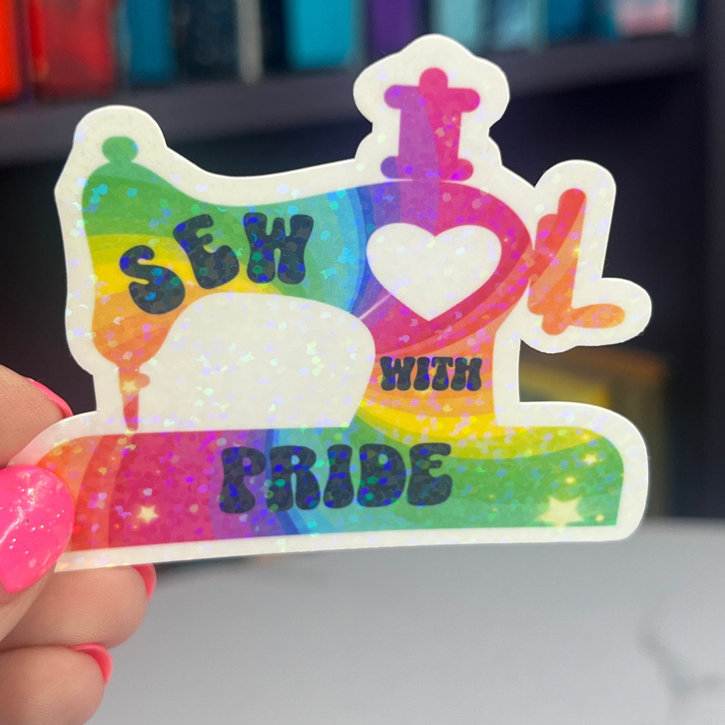 Sew with Pride Rainbow Holographic Sparkly Sticker Decal Quilting Pride Month LGBTQ+ Pride Sticker Sewing Glitter Sticker Machine Decal