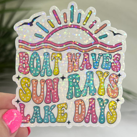 Boat Waves Sun Rays Lake Days Holographic Sparkly Sticker Boating Outdoor Decal Nature Adventure Sticker Lake House Lake Life Sticker