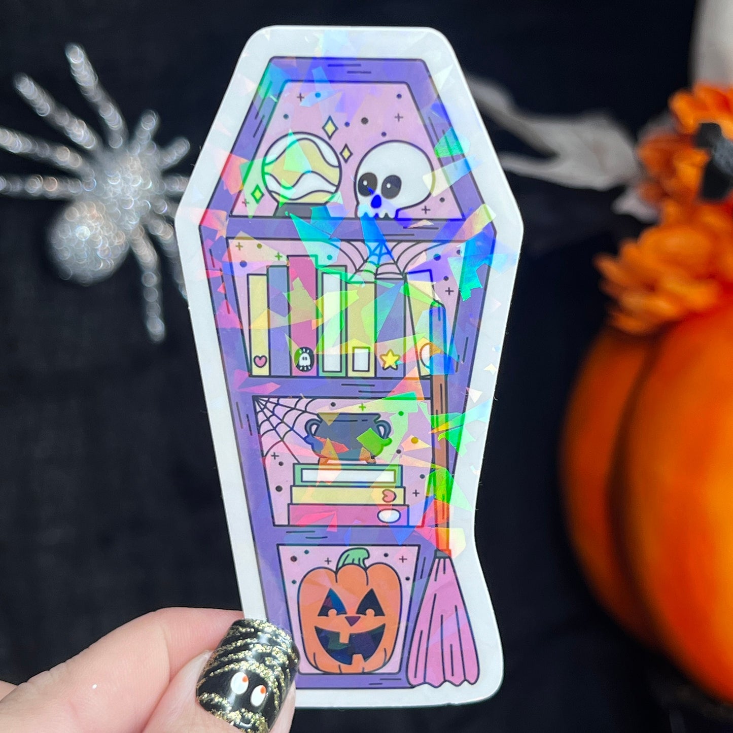 Purple Coffin Halloween Bookshelf Holographic Sticker Halloween Kindle Decal Spooky Fall Reader Gift Bookish Decal