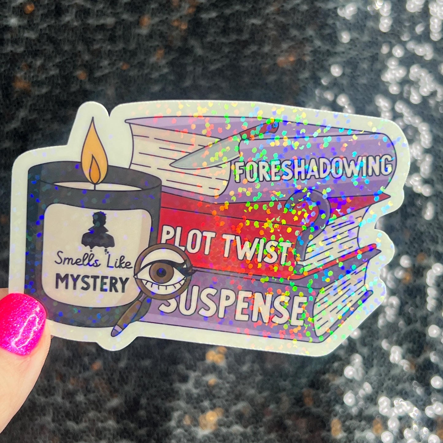 Smells Like a Mystery Holographic Sticker Decal, Cozy Mystery Reads Bookish kindle waterbottle laptop Reader Bookish Present Gift