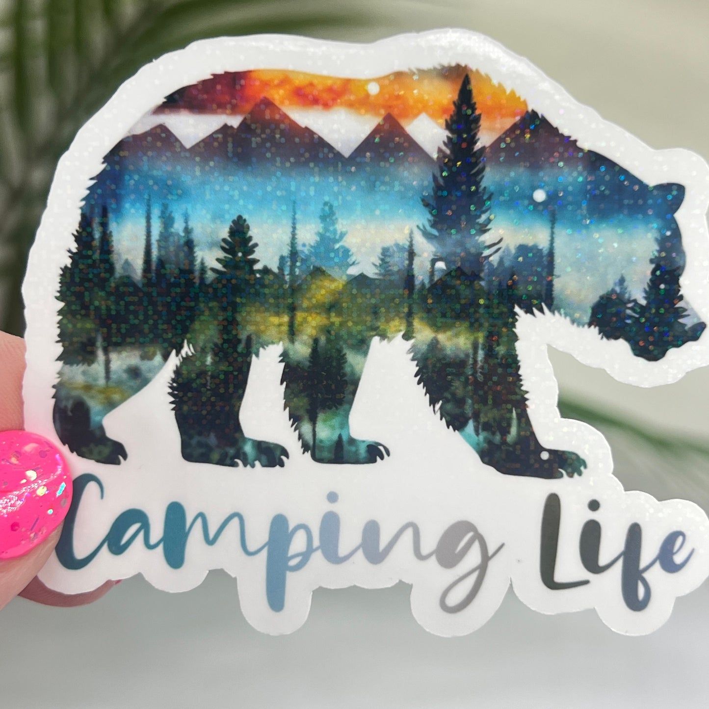 Camping Life Bear Mountain Watercolor Sparkly Sticker Adventure Sticker RV Sticker Outdoor Decal Nature Sticker Travel Hiking Camping