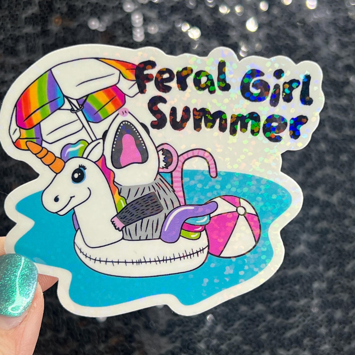 Feral Girl Summer Holographic Sparkly Sticker Beach Life Decal Boating Sticker Summer Vacation Ocean Life Sticker Possum Swimming