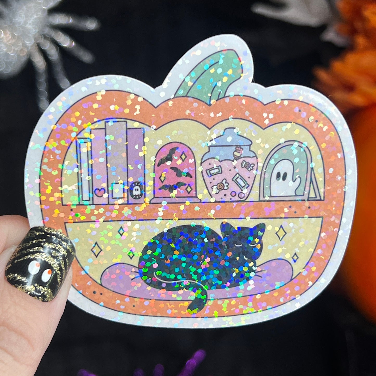 Pumpkin Jack O'Lantern Bookshelf Black Cat Holographic Sticker Halloween Kindle Decal Spooky Fall Reader Gift Bookish Decal