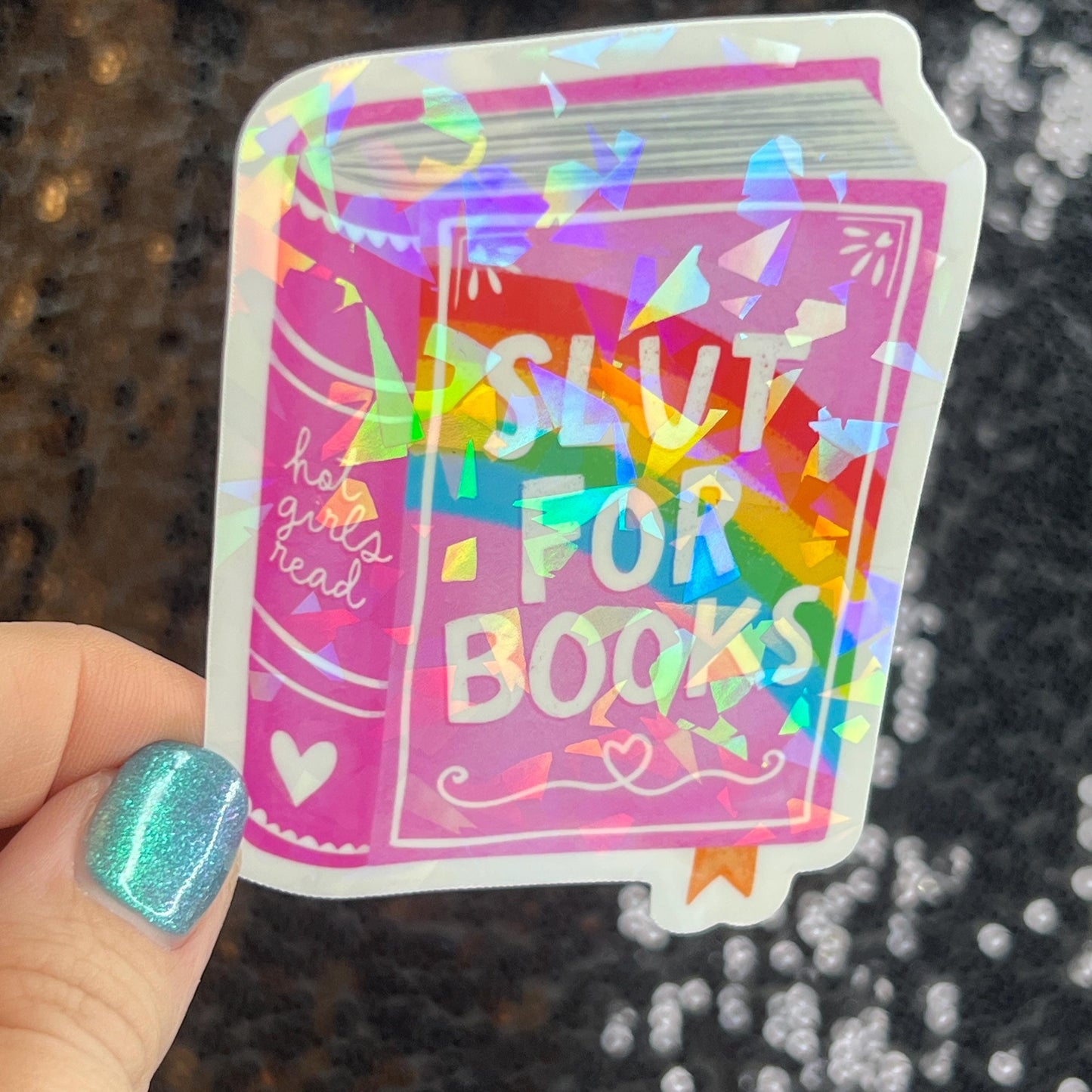 Slut for Book pink Sparkly Sticker Holographic Book Book Lover, Spicy Dark Romance, Booktok, kindle  laptop Romance Decal