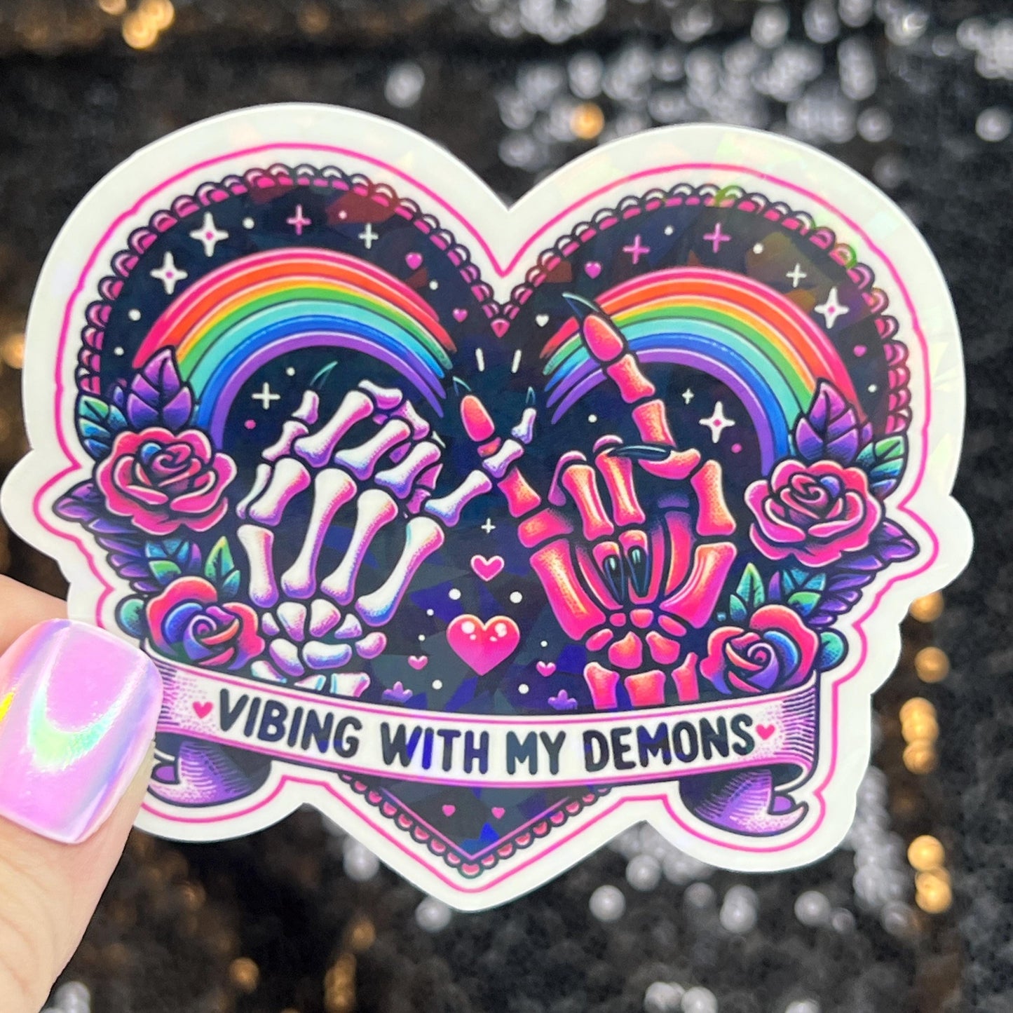 Vibing with my demons colorful Holographic Sticker Mental Health Sticker Sparkly Spread Positivity Good Vibes Decal Inspirational Rainbow