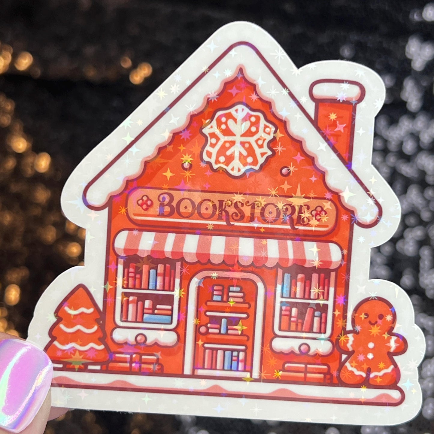 Gingerbread Bookshop Christmas Holographic Sticker Xmas Bookish Kindle Reader Decal Book Lover Christmas Gift Stocking Stuffer