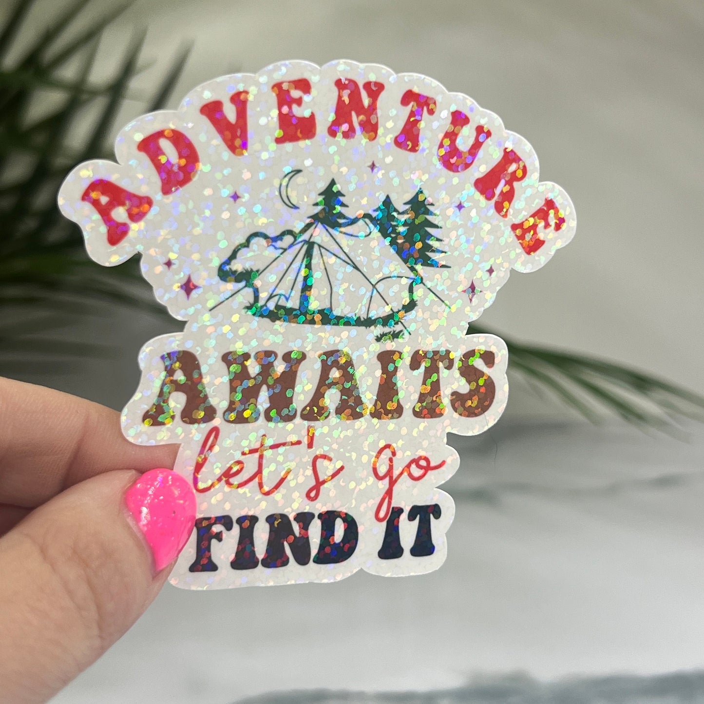 Discontinuing Adventure Awaits Lets Go Find It Camping Holographic Sparkly Sticker Adventure RV Outdoor Decal Nature Sticker Travel Hiking